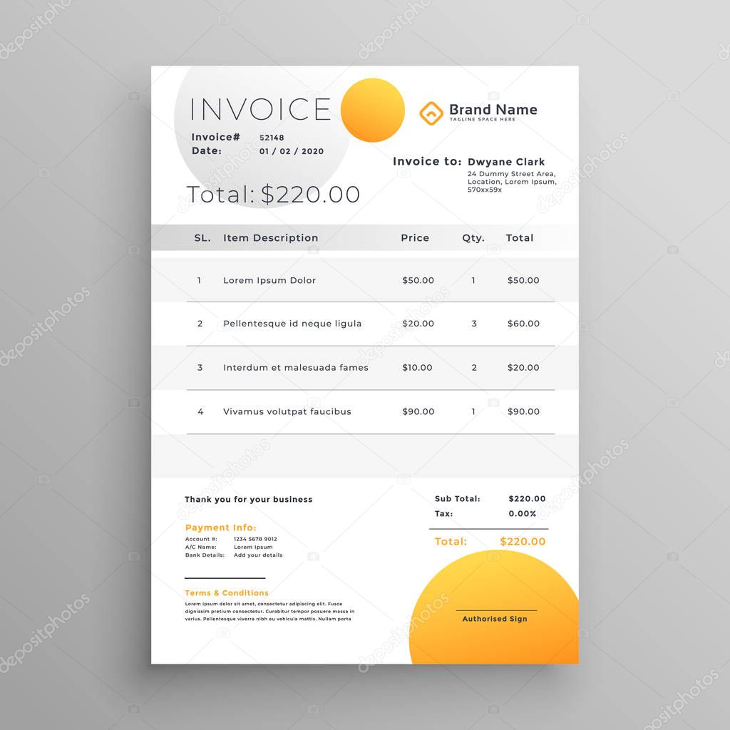 stylish yellow vector invoice template