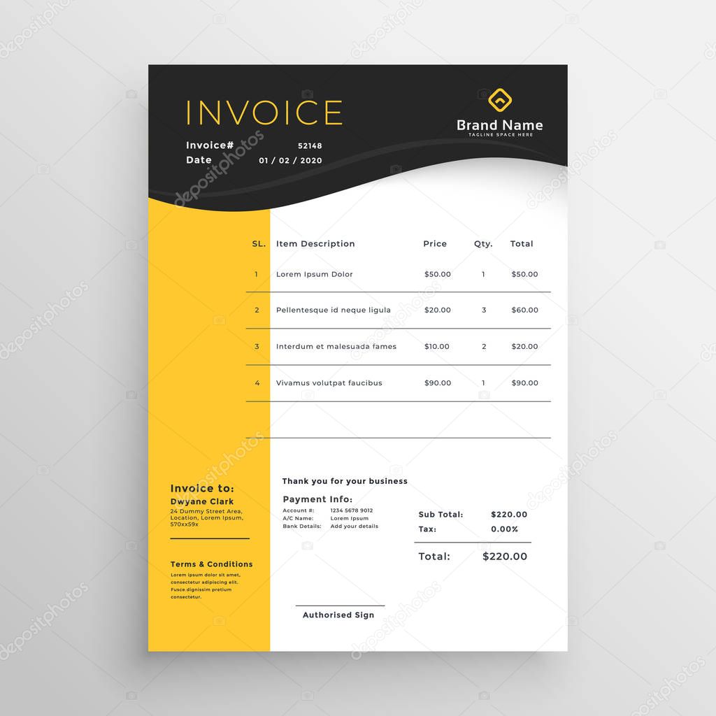 modern yellow black vector invoice template design