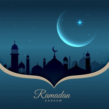 beautiful night scene with mosque, moon and stars for ramadan ka clipart