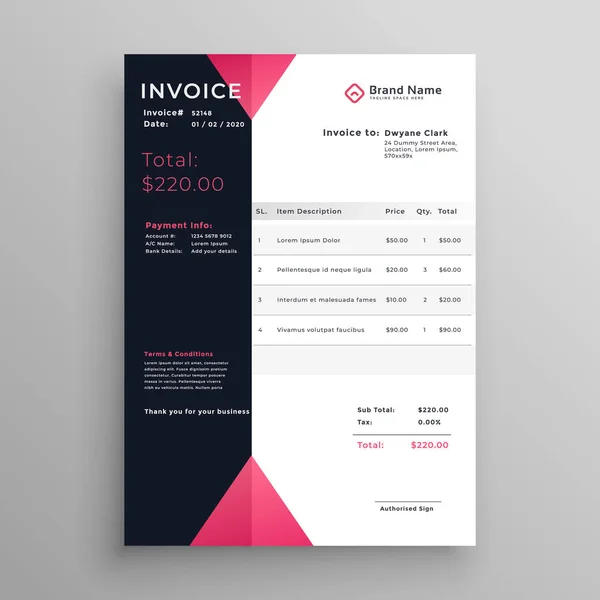 Modern invoice template design in pink theme — Stock Vector