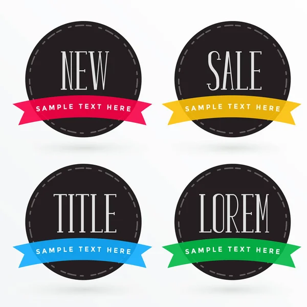Design d'étiquette sombre avec des rubans colorés à vendre et promotions — Image vectorielle