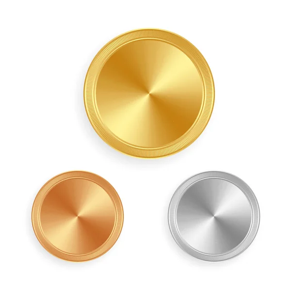 Złoty, srebrny i brązowy błyszczący etykiety lub monety wektor — Wektor stockowy