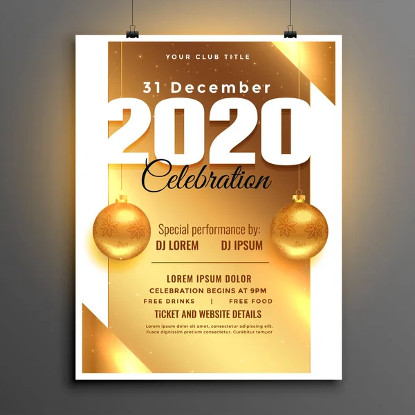 Belo dourado 2020 novo ano festa festa panfleto design —  Vetores de Stock