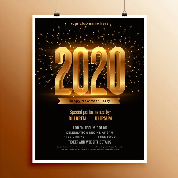 Nieuw jaar 2020 flyer ontwerp in zwart en goud kleuren — Stockvector