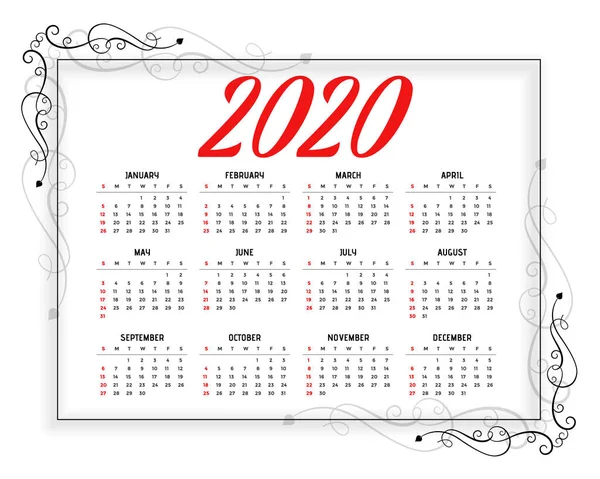 2020 nieuwe jaar bloemen stijl kalender ontwerp sjabloon — Stockvector