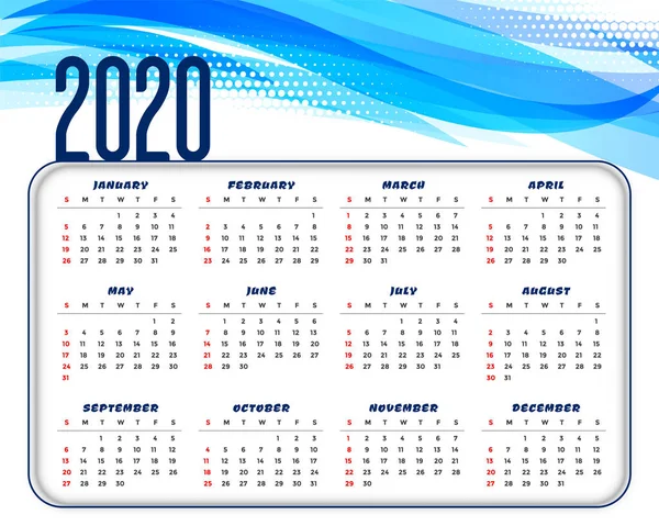 Abstraktní modrá a bílá 2020 kalendář šablony design — Stockový vektor
