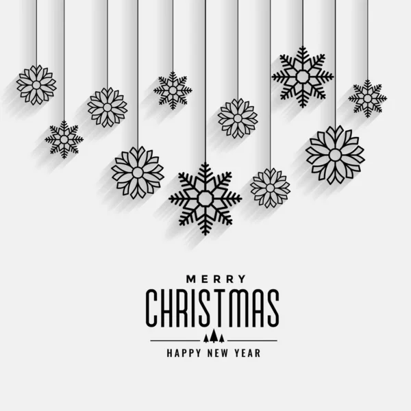 Frohe Weihnachten weiße Karte mit hängenden Schneeflocken-Design — Stockvektor