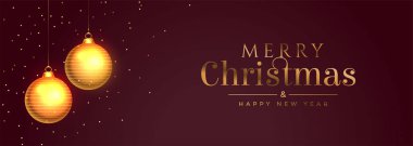 Mutlu noel bayrağı Altın top ve ışıltılarla