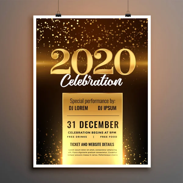Adorável dourado 2020 novo modelo de folheto festa ano —  Vetores de Stock