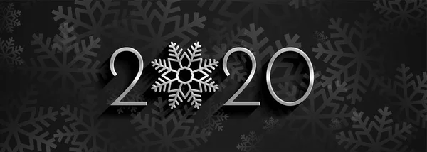 2020 gelukkig nieuwjaar zwarte banner sneeuwvlokken ontwerp — Stockvector