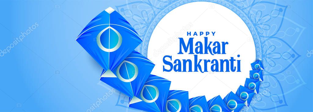 makar sankranti blue banner with kites trail