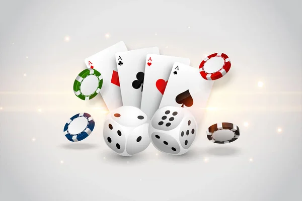 Casino speelkaarten dobbelstenen en vliegende chips achtergrond — Stockvector