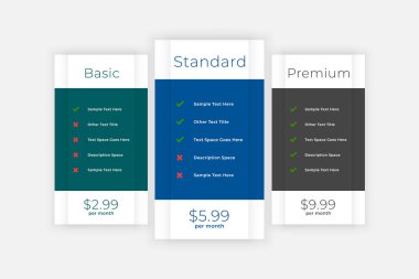 pricing table comparison box for website and app