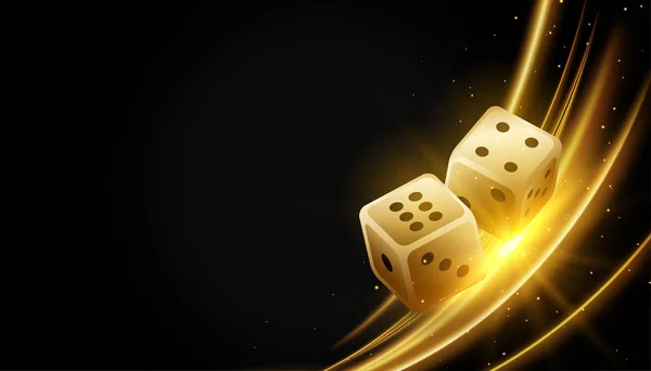 Golden realistic dice and glowing lights background — Stock Vector