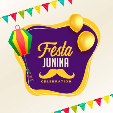 Festa Junina kutlama afişi, içinde lambalar ve balonlar var.