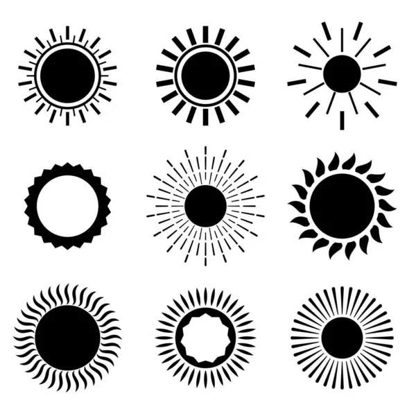 Sonnensymbole Flacher Schwarzer Farbe Set Von Neun — Stockvektor