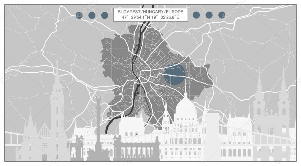 Hungarian capital map with famous buildings