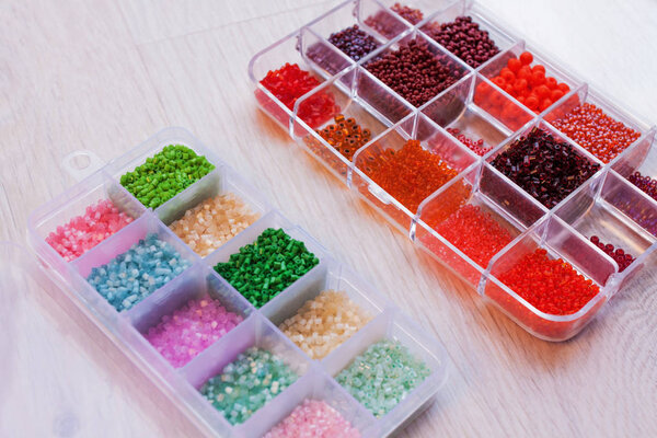 Boxes with beads, accessories for handmade jewelry
