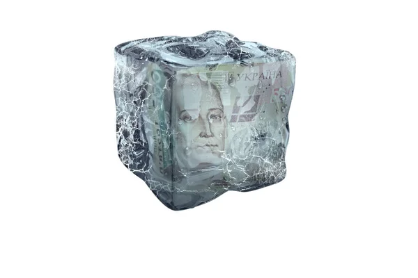 Dinheiro UAH congelado em cubo de gelo — Fotografia de Stock