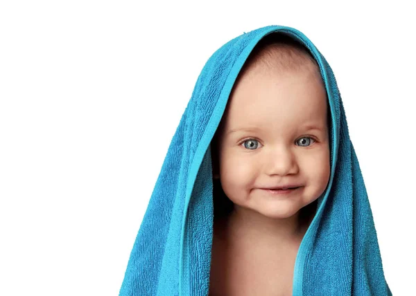 Beautiful babe with blue eyes covered by a towel isolated on white background — Stock Photo, Image