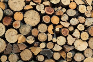 Yığılmış günlükleri doku, doğal arka plan. Kesit ahşap arka plan için yakacak odun yığını