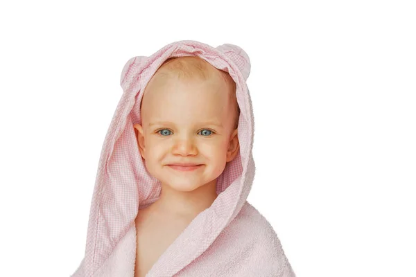 Beautiful babe with blue eyes covered by a bathrobe isolated on white background, little baby smiling — Stock Photo, Image