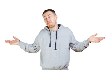 Ben bir şey bilmiyorum kavramı-yayılmış elleriyle shrugging, clueless, konu hakkında hiç bir fikrim olması kıl, adamla. İzole beyaz arka plan