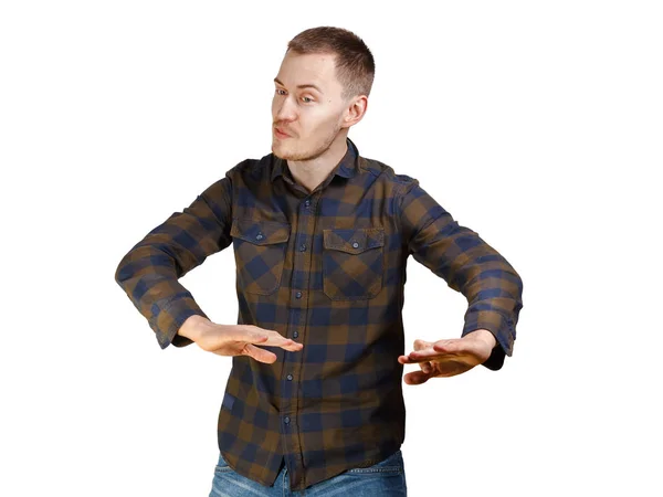 Portrait of a young man in casual checkered shirt clothes with a rejects face arms extended in front of him expressing the rejection of failure. — Stock Photo, Image