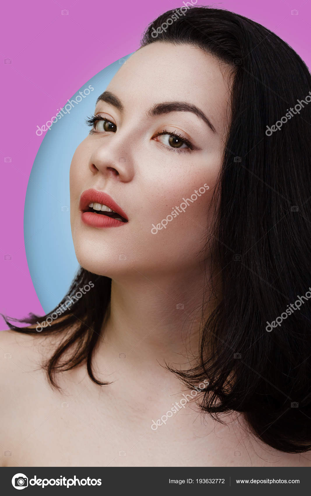 Young Sexy Lady With Clean Skin Red Lips And Black Straight