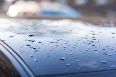 Siyah arabanın çatısına su damlıyor.