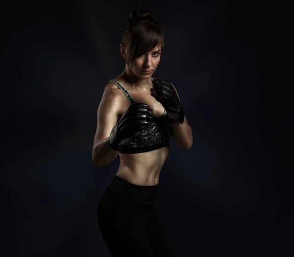 Sport Fight Concept Copy Space Portrait Kickboxing Woman Black Boxing — Stock Photo, Image