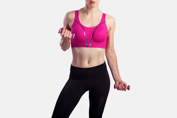 Sporty Woman Does Exercises Dumbbells Gray Background Photo Muscular Woman — Stock Photo, Image