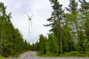 Yeşil ormanın ortasında, mavi gökyüzünün altında bulutlu tek bir rüzgar türbini. Rüzgar çiftliği, rüzgar santrali