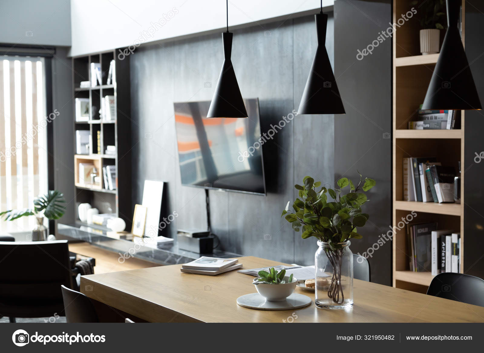 Stylish Dining Area In Modern Style With Wood And Gray Color Theme In Natural Light Setting Scene Stylish Interior Design Cozy Dining Area Stock Photo By C Nmc2s