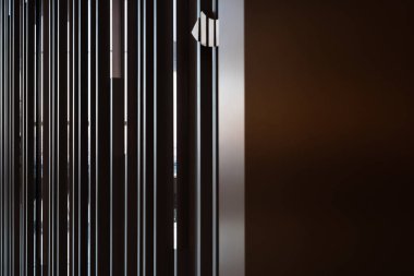 Aynada paslanmaz çelik süslemeli Random ahşap şeridin ayrıntıları ön / iç tasarım / kopyalama alanındaki bakır paslanmaz saç çizgisiyle dikey yönde tamamlanmış duvar.