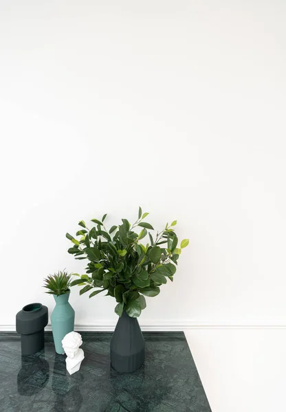 Green Plant Pot Marble Top Table White Background Copy Space — Stock Photo, Image