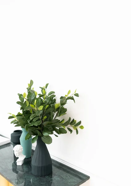 Close up black matt ceramic  vase and artificial plant in vase on green marble top with white spray-painted wall in the background /apartment interior /object on white background — Stock Photo, Image