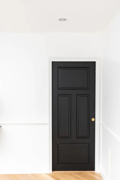 dark door in white room interior, copy space