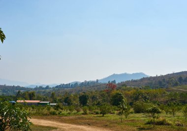 Yaz peyzaj dağlar ve pai, maehongson Tayland, mavi gökyüzü.
