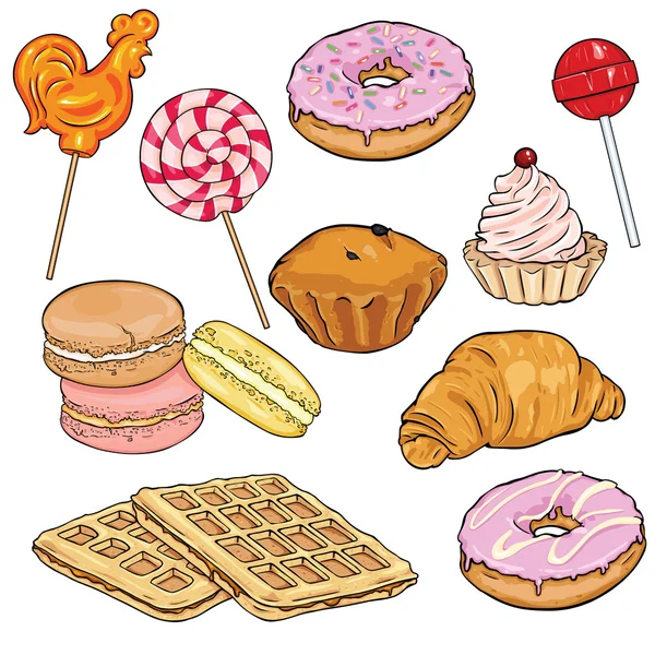 Set of Cartoon Desserts. Lolipop, Donat, Macaronies dan Panggang - Stok Vektor