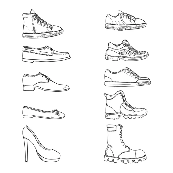 Conjunto de artículos de zapatos de boceto . — Archivo Imágenes Vectoriales