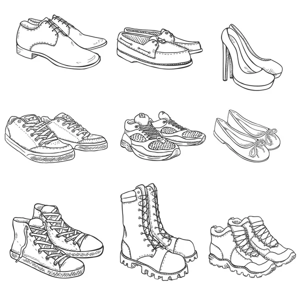 Conjunto de artículos de zapatos de boceto — Vector de stock