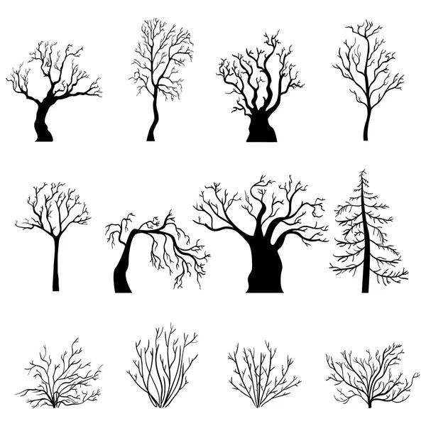 Siluetas de árboles y arbustos desnudos — Vector de stock