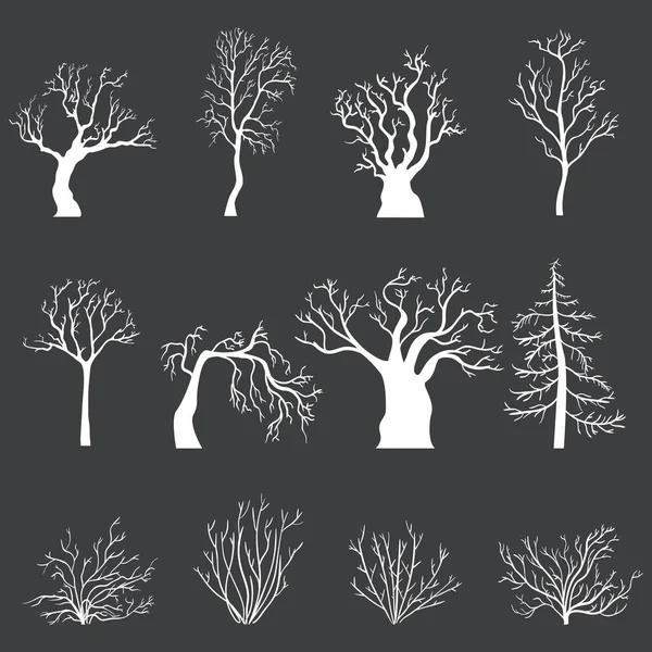 Set of White Silhouettes of Bare Trees — Stock Vector