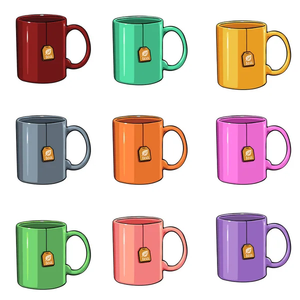 Set of 9 Cartoon Color Mugs — Stock Vector