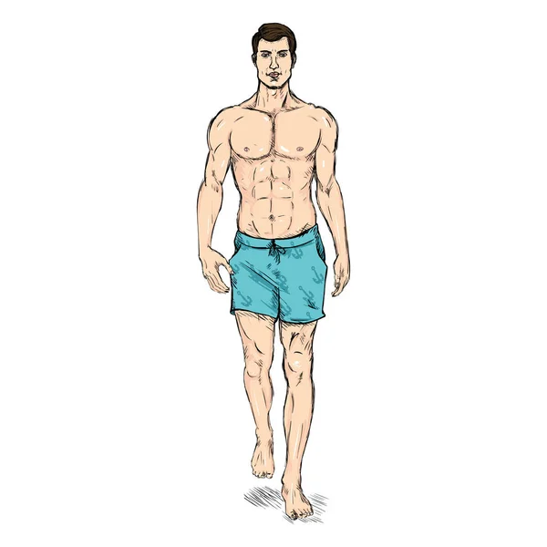 Modelo masculino en pantalones cortos de playa — Vector de stock