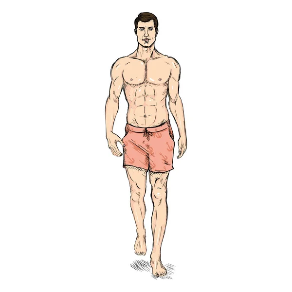 Modelo masculino en pantalones cortos de playa — Vector de stock