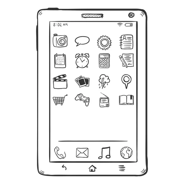 Enkele schets Tablet Pc met mobiele pictogrammen — Stockvector