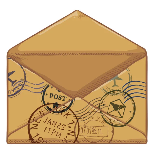 Bruine envelop openen met postzegels — Stockvector