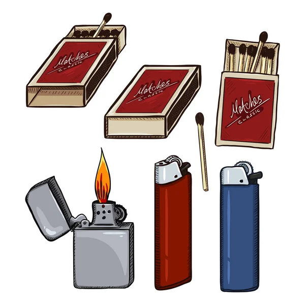 Vektor-Cartoon-Set aus Streichhölzern, Zündholzschachteln und Feuerzeugen. — Stockvektor